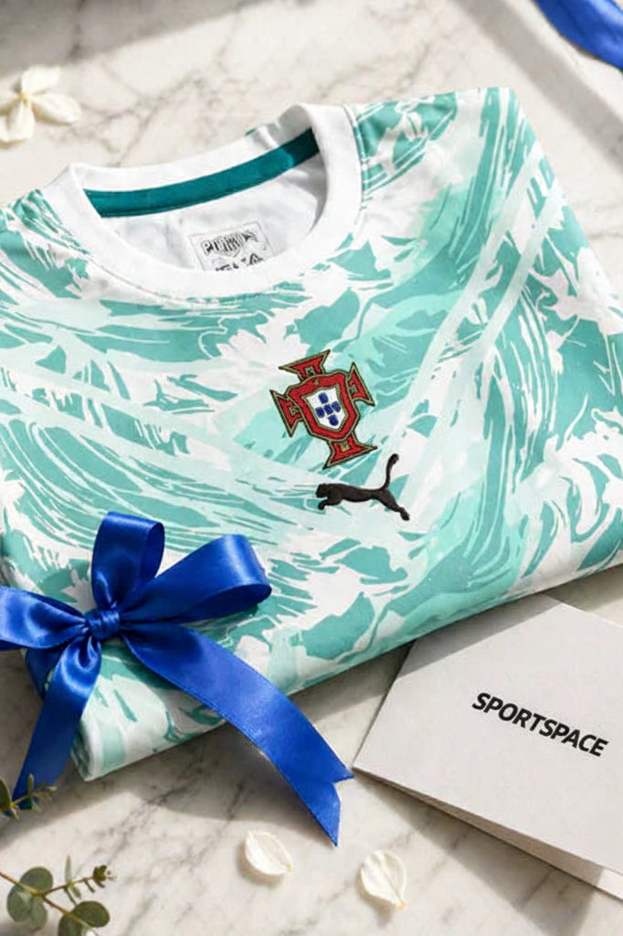 Folded teal and white patterned shirt with a ribbon on a marble surface, featuring a brand name.