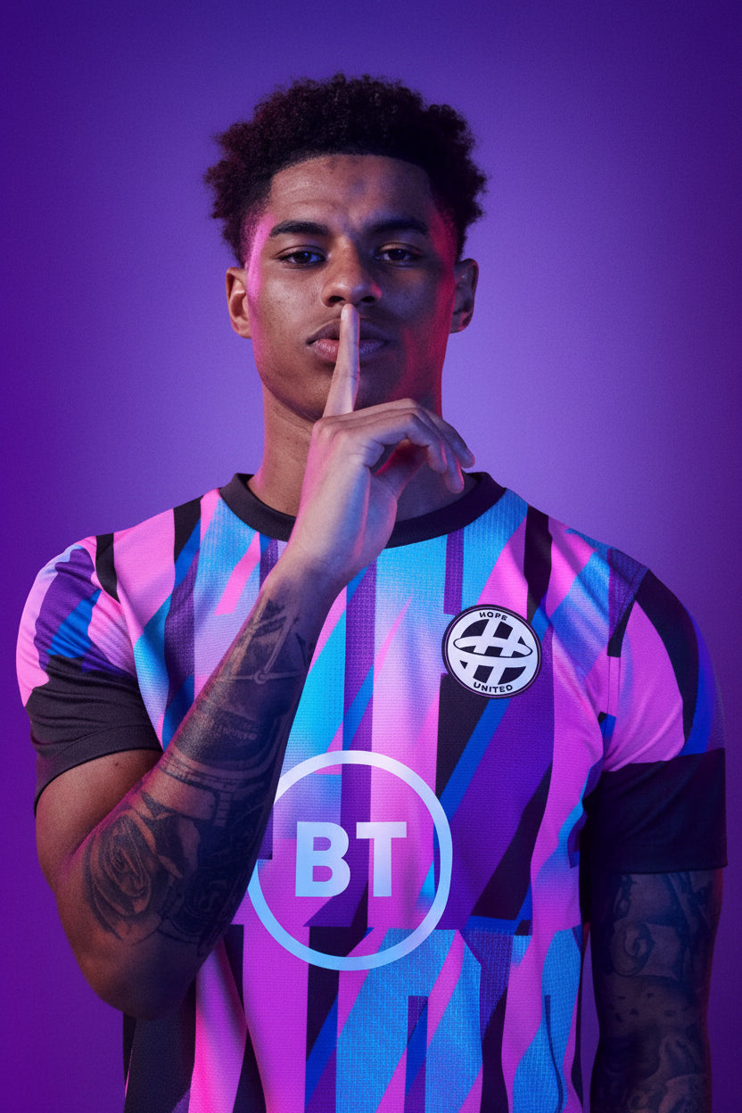 Person wearing a colorful sports jersey with BT logo on a purple background