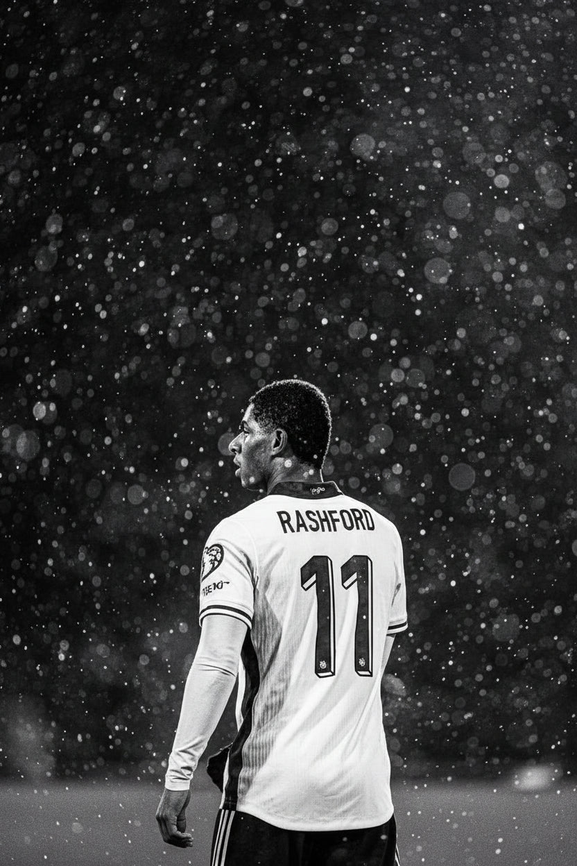 Soccer player wearing a jersey with the number 11 and name 'Rashford' against a dark, snowy background.