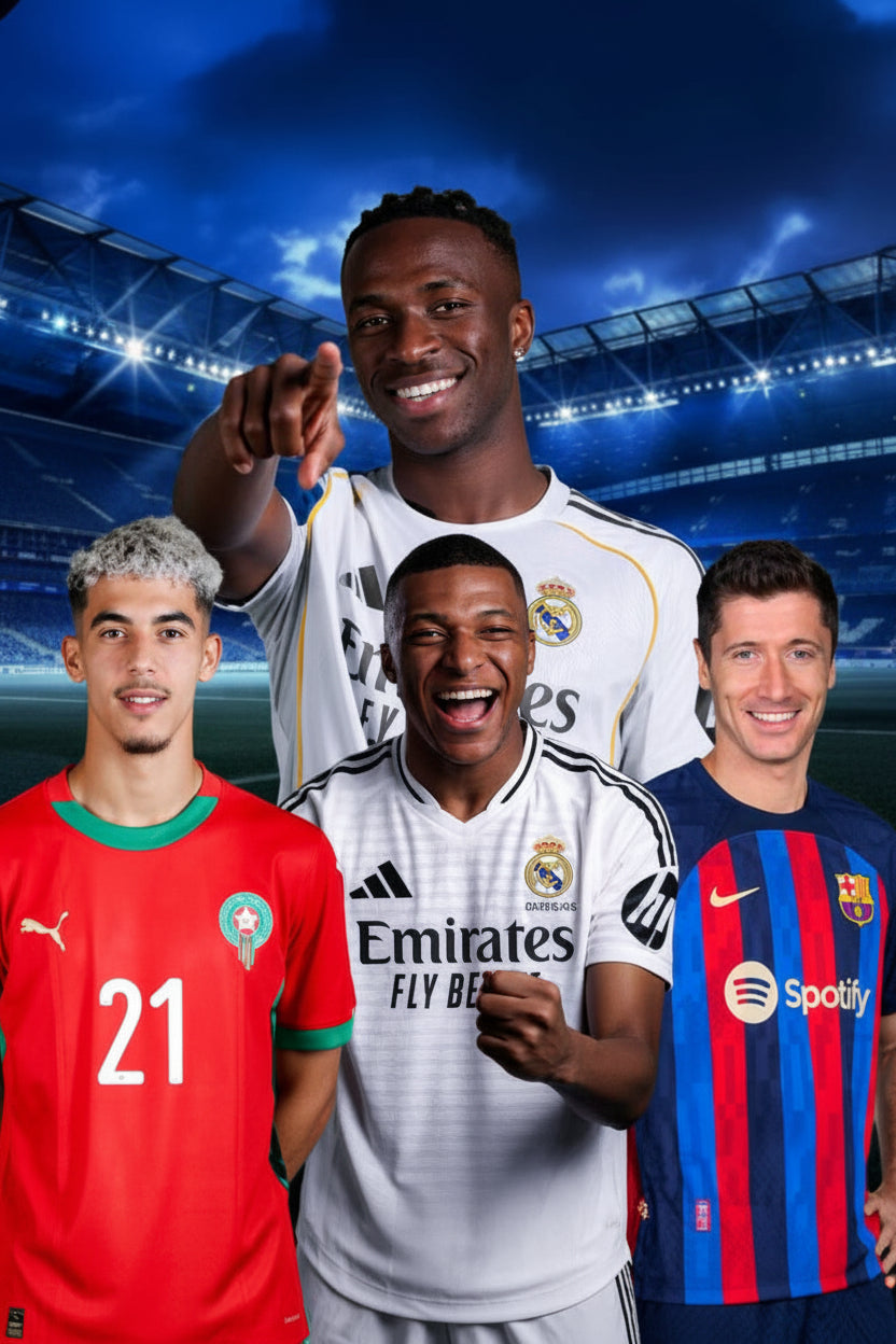 Four soccer players from different teams with visible logos on a stadium background